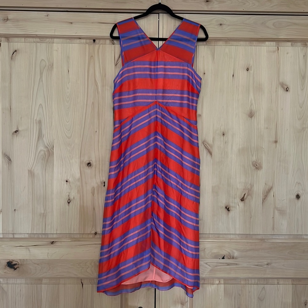 NWT Lewit Orange, Peach, and Periwinkle Purple Chevron Lined Silk Dress sz 10